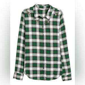 H&M Women’s Plaid Button Down Beetle Beaded Embellished Top Green/White 4